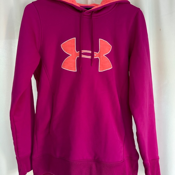 Under Armour Fleece Hoodie Magenta Pink Coral Big Logo Small Pullover Women's - Picture 2 of 4